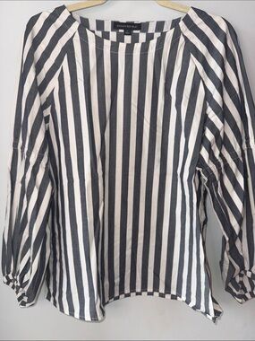 Banana Republic Gray/White Striped Blouse with Balloon Sleeves
